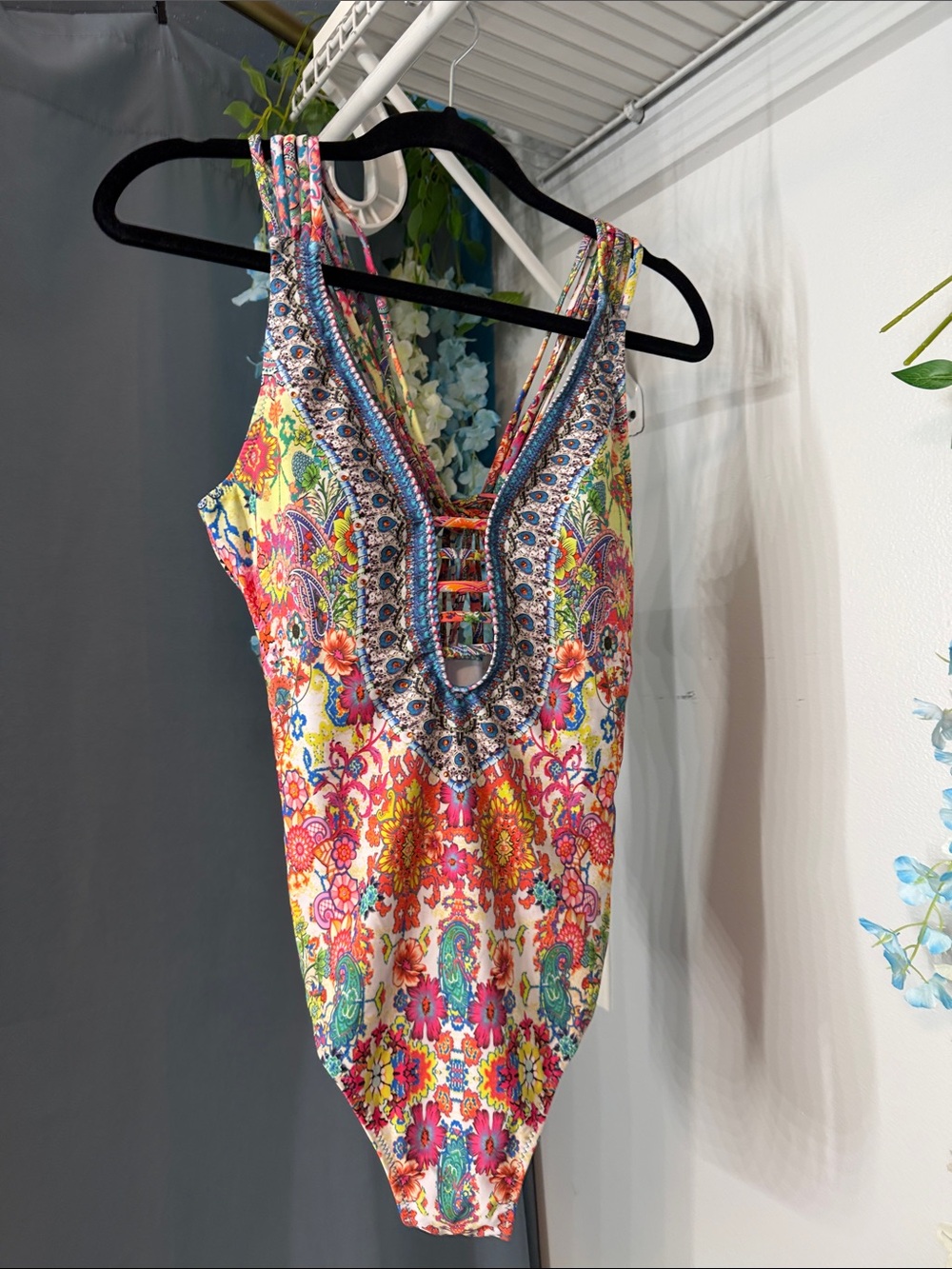 Floral Lace-Up V-Neck One-Piece Swimsuit in Multicolor NWOT boho large